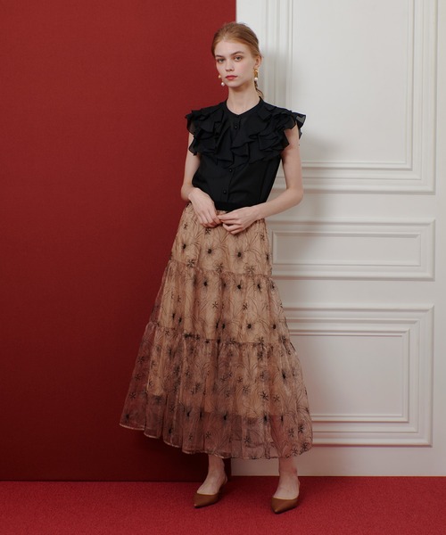 セール】【LOULOU WILLOUGHBY】オーガンジーフラワー刺繍スカート