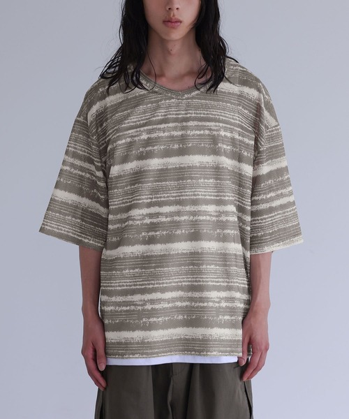 MDR(エムディアール)の「ペイントボーダー柄メッシュ半袖Tシャツ(Tシャツ/カットソー・メンズ・グレイッシュベージュ/ブラック・L/M)」の20枚目の写真
