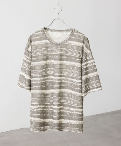 MDR(エムディアール)の「ペイントボーダー柄メッシュ半袖Tシャツ(Tシャツ/カットソー・メンズ・グレイッシュベージュ/ブラック・L/M)」の19枚目の写真