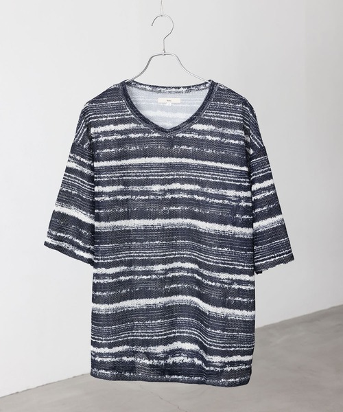 MDR(エムディアール)の「ペイントボーダー柄メッシュ半袖Tシャツ(Tシャツ/カットソー・メンズ・グレイッシュベージュ/ブラック・L/M)」の14枚目の写真