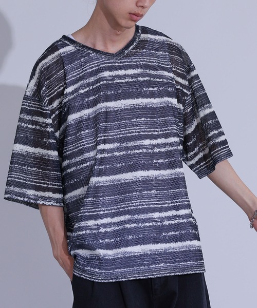 MDR(エムディアール)の「ペイントボーダー柄メッシュ半袖Tシャツ(Tシャツ/カットソー・メンズ・グレイッシュベージュ/ブラック・L/M)」の4枚目の写真