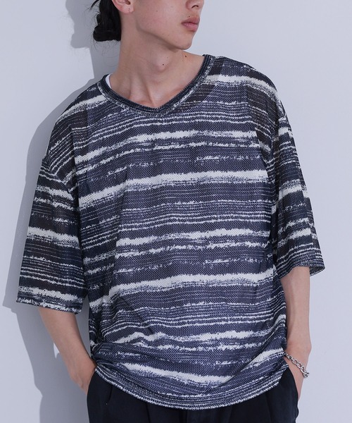 MDR(エムディアール)の「ペイントボーダー柄メッシュ半袖Tシャツ(Tシャツ/カットソー・メンズ・グレイッシュベージュ/ブラック・L/M)」の5枚目の写真