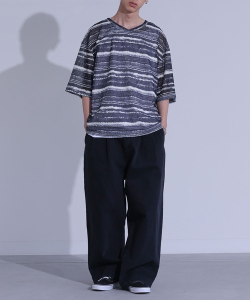 MDR(エムディアール)の「ペイントボーダー柄メッシュ半袖Tシャツ(Tシャツ/カットソー・メンズ・グレイッシュベージュ/ブラック・L/M)」の8枚目の写真