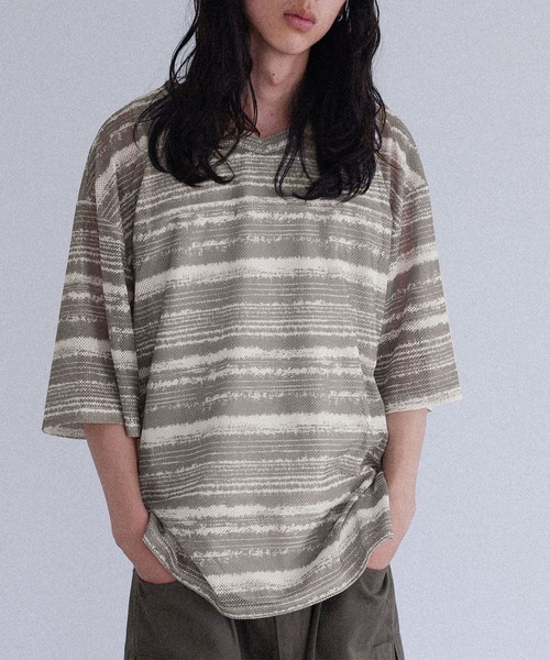 MDR(エムディアール)の「ペイントボーダー柄メッシュ半袖Tシャツ(Tシャツ/カットソー・メンズ・グレイッシュベージュ/ブラック・L/M)」の9枚目の写真