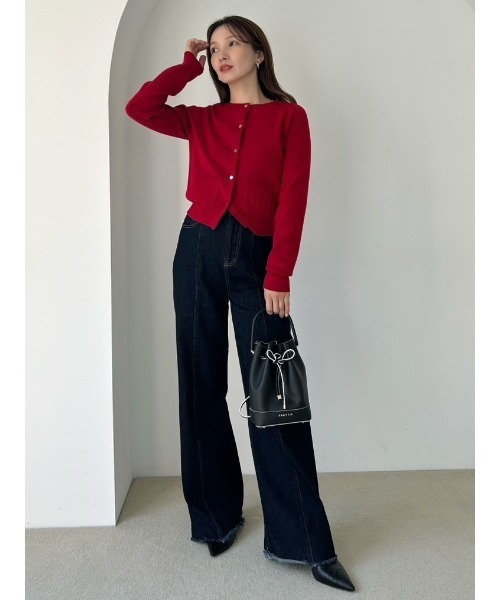 ロゴ刺繍ポケットクルーネックカーディガン／ウォッシャブル