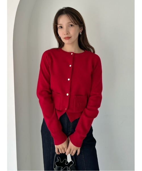 ロゴ刺繍ポケットクルーネックカーディガン／ウォッシャブル