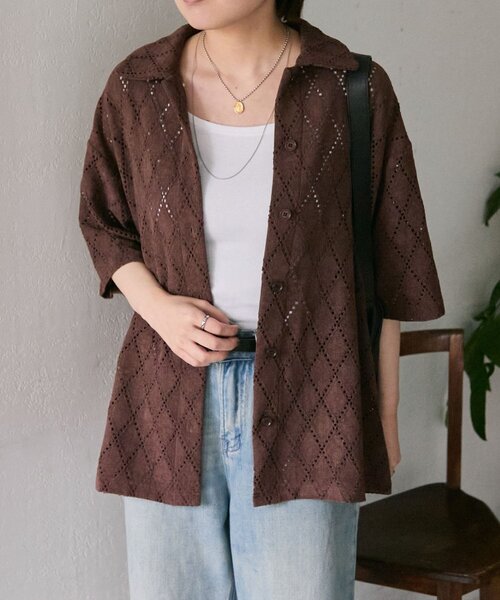 ear PAPILLONNER（イアパピヨネ）の「アーガイルレースシャツ【SUM1 STYLE(スミスタイル)】（シャツ/ブラウス・レディース・ダークブラウン/ホワイト・FREE）」の9枚目の写真
