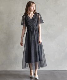 フレアスリーブラメチュール カシュクールパーティードレス 結婚式 お呼ばれ ドレス 20代 30代 40代