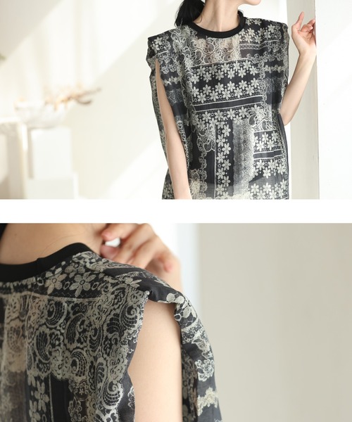 cawaii（カワイイ）の「肩パッド入り版画アートのシアーカットソートップス（Tシャツ/カットソー・レディース・ネイビー・FREE）」の8枚目の写真
