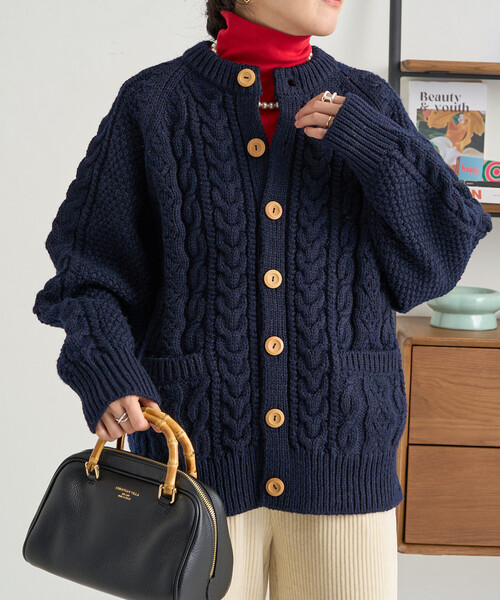 フィッシャーマンニットカーディガン/ケーブルニットカーディガン