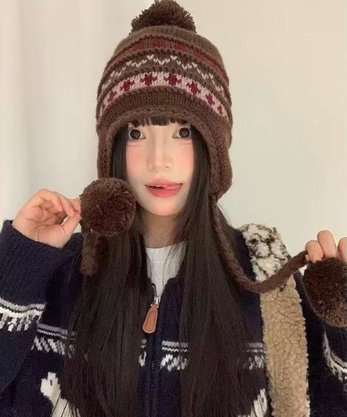 セール】25aw ノルディック柄 ポンポンニットイヤーキャップ（ニット