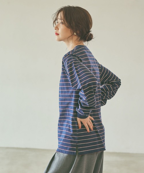 studio CLIP（スタディオクリップ）の「《days》マルチボーダーロングスリーブプルオーバー（Tシャツ/カットソー・レディース・ブラウン/オフホワイト/ベージュ/ネイビー・FREE）」の4枚目の写真