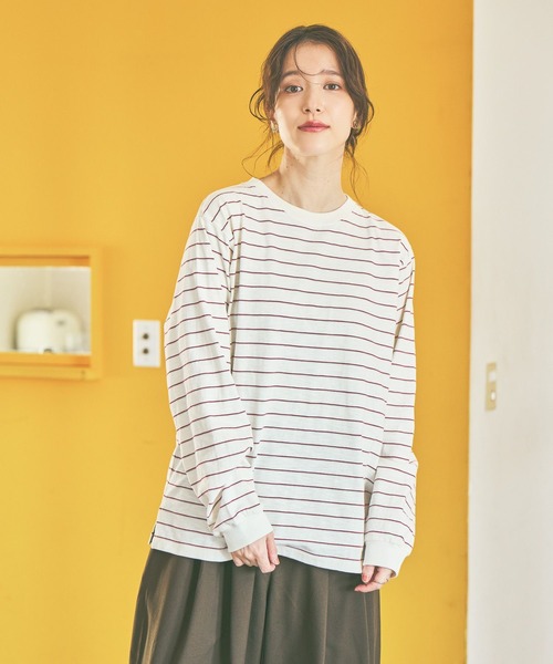 studio CLIP（スタディオクリップ）の「《days》マルチボーダーロングスリーブプルオーバー（Tシャツ/カットソー・レディース・ブラウン/オフホワイト/ベージュ/ネイビー・FREE）」の2枚目の写真