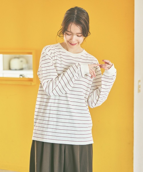 studio CLIP（スタディオクリップ）の「《days》マルチボーダーロングスリーブプルオーバー（Tシャツ/カットソー・レディース・ブラウン/オフホワイト/ベージュ/ネイビー・FREE）」の5枚目の写真