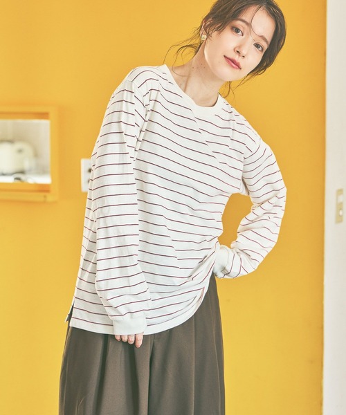 studio CLIP（スタディオクリップ）の「《days》マルチボーダーロングスリーブプルオーバー（Tシャツ/カットソー・レディース・ブラウン/オフホワイト/ベージュ/ネイビー・FREE）」の6枚目の写真