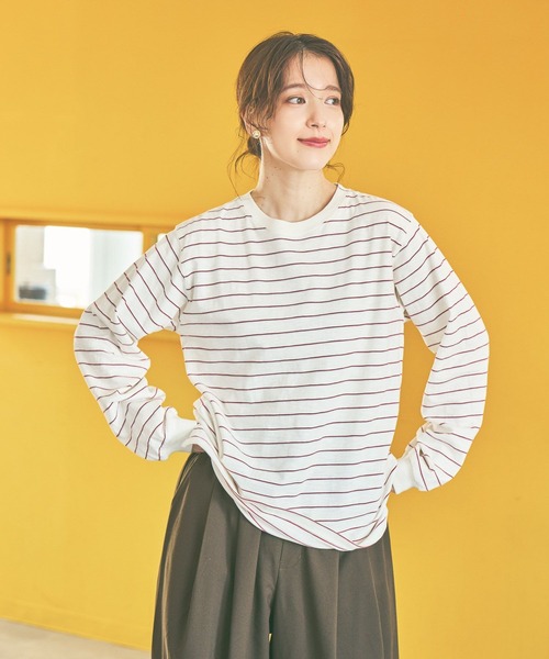 studio CLIP（スタディオクリップ）の「《days》マルチボーダーロングスリーブプルオーバー（Tシャツ/カットソー・レディース・ブラウン/オフホワイト/ベージュ/ネイビー・FREE）」の7枚目の写真