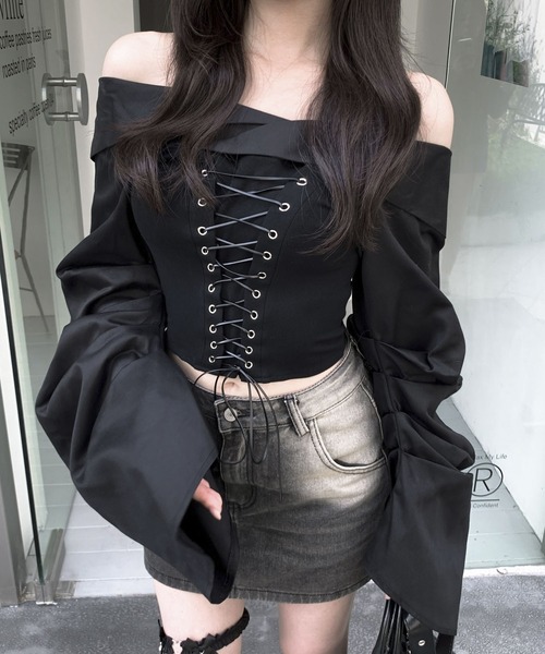VEILA(ヴェイラ)の「カモフラージュスリーブレースアップトップス(Tシャツ/カットソー・レディース・ブラック/グレー・フリー)」の10枚目の写真