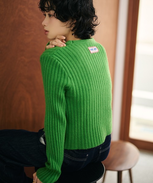 LAULEN(ローレン)の「back tag lib knit cardigan /バックタグリブニットカーディガン(カーディガン/ボレロ・レディース・グリーン/アイボリー/グレー・FREE)」の3枚目の写真