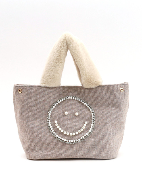 COOCO(クーコ)の「SMILEY パール刺繍xエコファーハンドルトートバッグ(トートバッグ・レディース・グレー/ピンク/グリーン/ベージュ・FREE)」の5枚目の写真