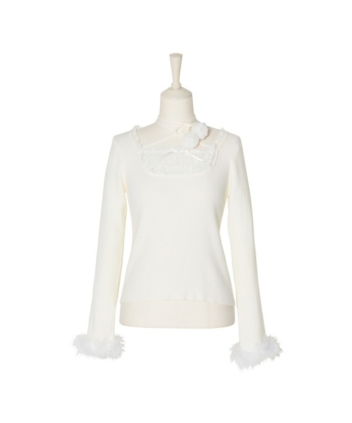 mellfy memory(メルフィーメモリー)の「Ribbon Pompom Choker Angel knit(ニット/セーター・レディース・ピンク/ホワイト・FREE)」の2枚目の写真