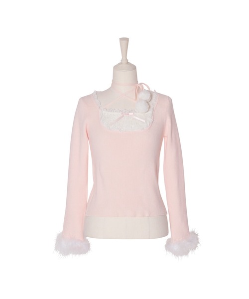 mellfy memory(メルフィーメモリー)の「Ribbon Pompom Choker Angel knit(ニット/セーター・レディース・ピンク/ホワイト・FREE)」の1枚目の写真
