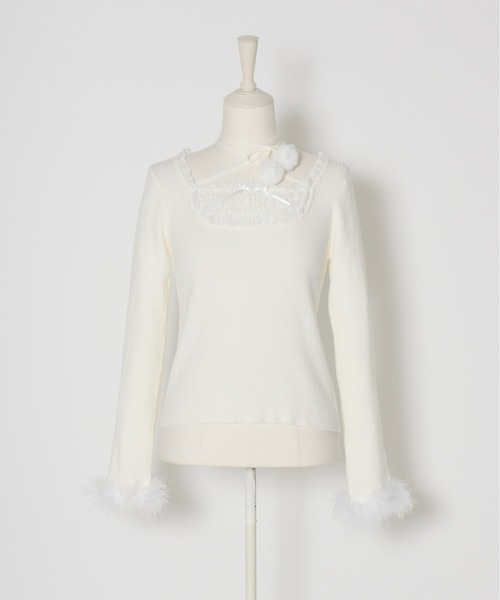mellfy memory(メルフィーメモリー)の「Ribbon Pompom Choker Angel knit(ニット/セーター・レディース・ピンク/ホワイト・FREE)」の12枚目の写真