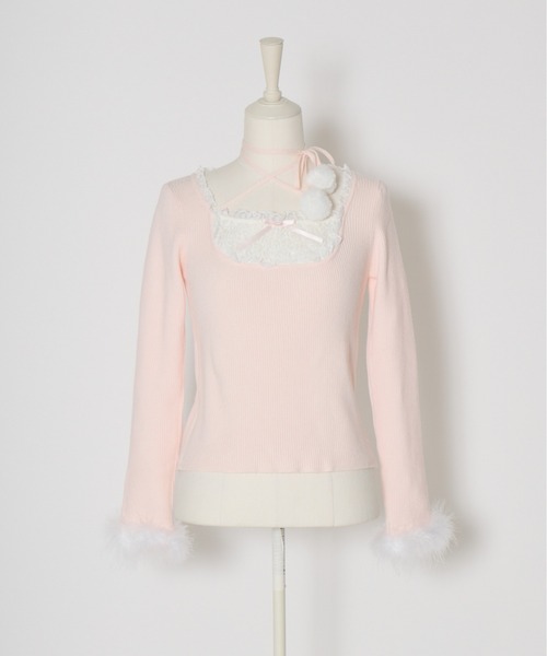 mellfy memory(メルフィーメモリー)の「Ribbon Pompom Choker Angel knit(ニット/セーター・レディース・ピンク/ホワイト・FREE)」の3枚目の写真