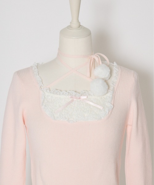 mellfy memory(メルフィーメモリー)の「Ribbon Pompom Choker Angel knit(ニット/セーター・レディース・ピンク/ホワイト・FREE)」の6枚目の写真