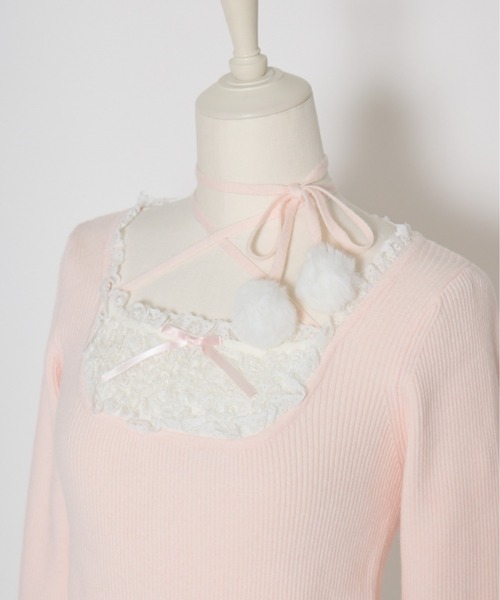 mellfy memory(メルフィーメモリー)の「Ribbon Pompom Choker Angel knit(ニット/セーター・レディース・ピンク/ホワイト・FREE)」の10枚目の写真