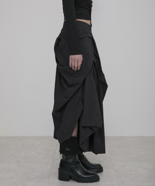 スカート FLAREUP Asymmetrical Draped Long Skirt セール】Asymmetrical Draped Layered Long Skirt (FL-256_Black