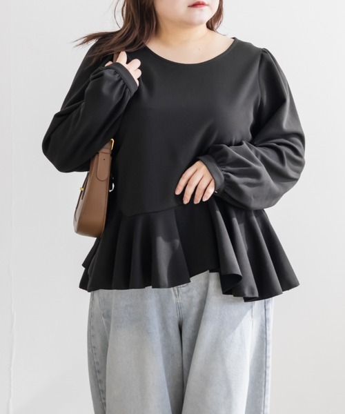 CLETTE(クレット)の「CLETTEオリジナルイレヘムペプラム長袖プルオーバー(Tシャツ/カットソー・レディース・オフホワイト/ブラック・LL/3L/4L)」の2枚目の写真