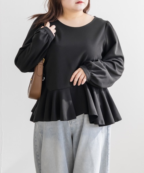 CLETTE(クレット)の「CLETTEオリジナルイレヘムペプラム長袖プルオーバー(Tシャツ/カットソー・レディース・オフホワイト/ブラック・LL/3L/4L)」の10枚目の写真