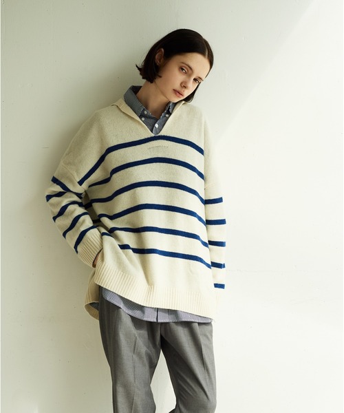 LA MARINE FRANCAISE（マリン フランセーズ）の「stripe＆checkレギュラーカラーロングシャツ（シャツ/ブラウス・レディース・ネイビー/ブラック/サックスブルー・FREE）」の13枚目の写真