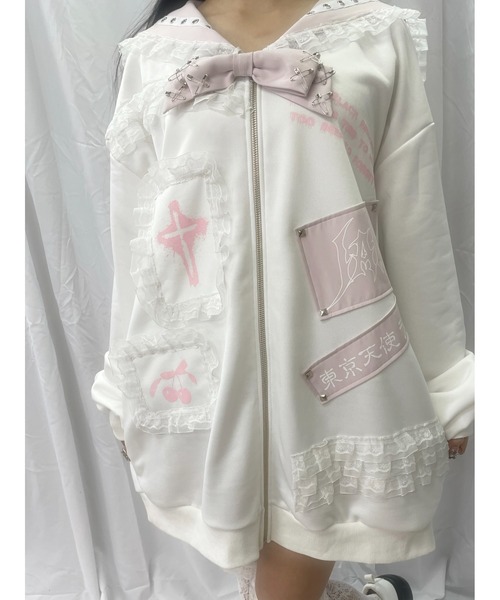 Jamie エーエヌケー（ジェイミーエーエヌケー）の「ゴシックリメイクJK制服ジャージ（パーカー・レディース・ブラック/ホワイト・M）」の7枚目の写真