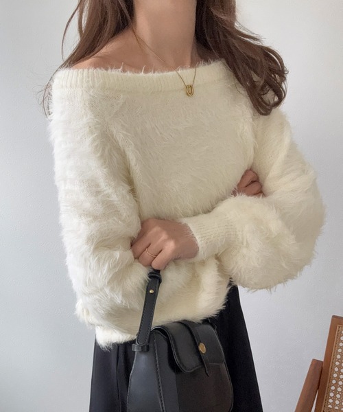 LAUIR(ラウアー)の「ボートネックシャギーニットトップス(ニット/セーター・レディース・アイボリー/ブラック・LARGE/MEDIUM)」の13枚目の写真