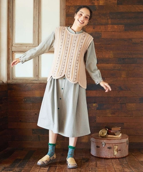 Jocomomola(ホコモモラ)の「Flor pequena チェックフラワー刺繍ワンピース(ワンピース・レディース・グリーン/ライトピンク・40)」の15枚目の写真