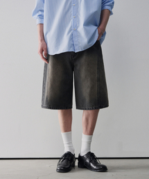 ウェイビーカーブドバミューダデニムパンツ[BLACK]