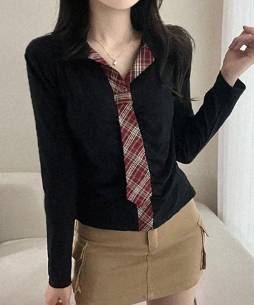 VIVID LADY(ビビッドレディー)の「チェック柄タイ 襟付きTシャツ(Tシャツ/カットソー・レディース・アイボリー/ブラック・FREE)」の7枚目の写真