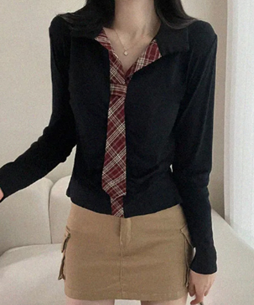 VIVID LADY(ビビッドレディー)の「チェック柄タイ 襟付きTシャツ(Tシャツ/カットソー・レディース・アイボリー/ブラック・FREE)」の8枚目の写真