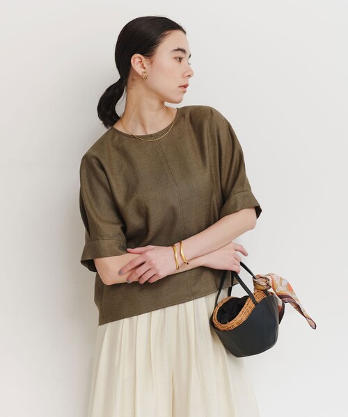 green label relaxing(グリーンレーベルリラクシング)の「リネンライク ブラウス マシンウォッシャブル ストレッチ UVカット(シャツ/ブラウス・レディース・ナチュラル/ブラウン/ネイビー・FREE)」の1枚目の写真