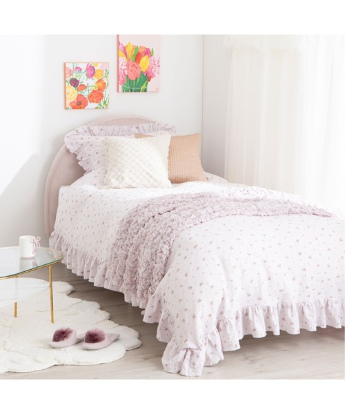 フリル ガーゼ スモールフラワー 掛け布団カバー シングル ピンク 綿