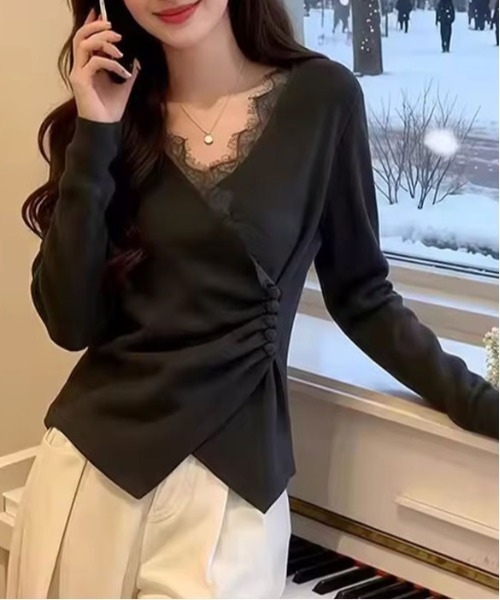 ammy.(エイミードット)の「【 ammy. / エイミードット 】 レース トリム アシンメトリー カシュクール ロンT(Tシャツ/カットソー・レディース・チャコールグレー/ブラック/アイボリー・FREE)」の4枚目の写真