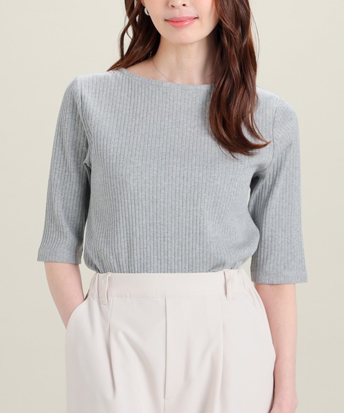 GLACIER lusso(グラシアルッソ)の「【UVカット】5分袖ボートネックトップス(Tシャツ/カットソー・レディース・アイボリー/ブラック/ブルーグリーン/杢グレー/ネイビー/ブルー・L/LL/M/S)」の1枚目の写真