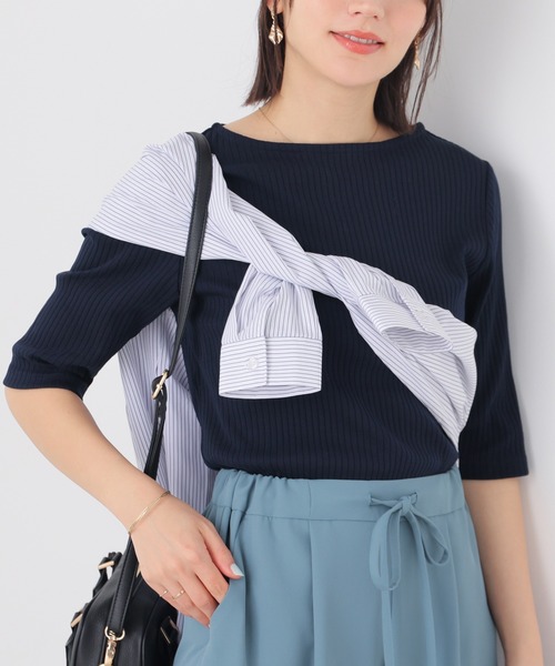 GLACIER lusso(グラシアルッソ)の「【UVカット】5分袖ボートネックトップス(Tシャツ/カットソー・レディース・アイボリー/ブラック/ブルーグリーン/杢グレー/ネイビー/ブルー・L/LL/M/S)」の4枚目の写真