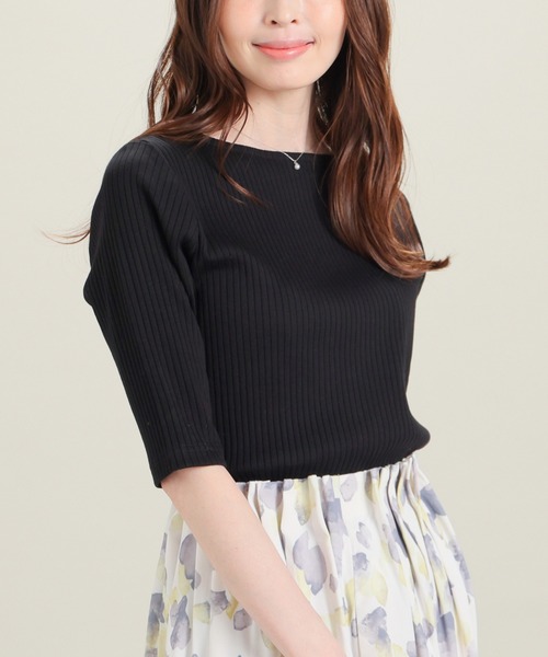 GLACIER lusso(グラシアルッソ)の「【UVカット】5分袖ボートネックトップス(Tシャツ/カットソー・レディース・アイボリー/ブラック/ブルーグリーン/杢グレー/ネイビー/ブルー・L/LL/M/S)」の3枚目の写真