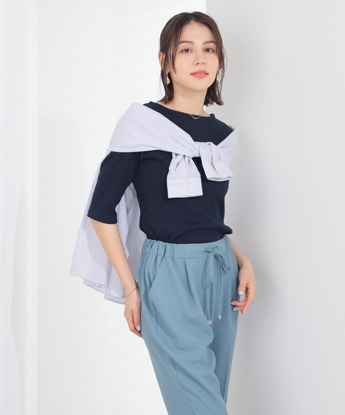 GLACIER lusso(グラシアルッソ)の「【UVカット】5分袖ボートネックトップス(Tシャツ/カットソー・レディース・アイボリー/ブラック/ブルーグリーン/杢グレー/ネイビー/ブルー・L/LL/M/S)」の21枚目の写真