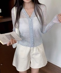 【春夏新作】ドット柄V開きフェミニンシアーカーディガン