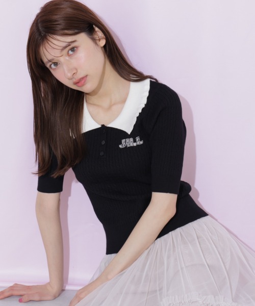 JILL by JILL STUART(ジルバイジルスチュアート)の「ビジューロゴケーブルニット半袖(ニット/セーター・レディース・ブラック/ブルー/ホワイト・FREE)」の4枚目の写真