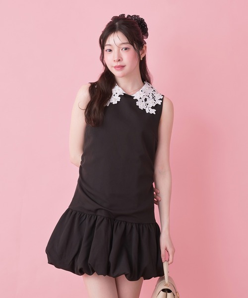 fupel(フぺル)の「flower lace collar balloon onepiece / フラワーレース襟バルーンワンピース(ワンピース・レディース・ブラック/グレイッシュベージュ・FREE)」の2枚目の写真