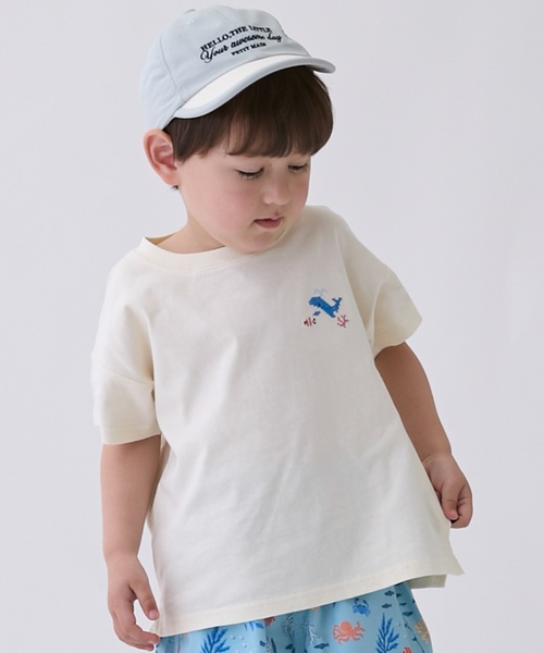 petit main(プティマイン)の「【食品防汚】刺しゅう半袖Tシャツ(Tシャツ/カットソー・キッズ・ライトピンク/アイボリー/レッド/ネイビー/ライトグリーン/グレー/ブルー・80cm/90cm/110cm/100cm/130cm/120cm)」の1枚目の写真